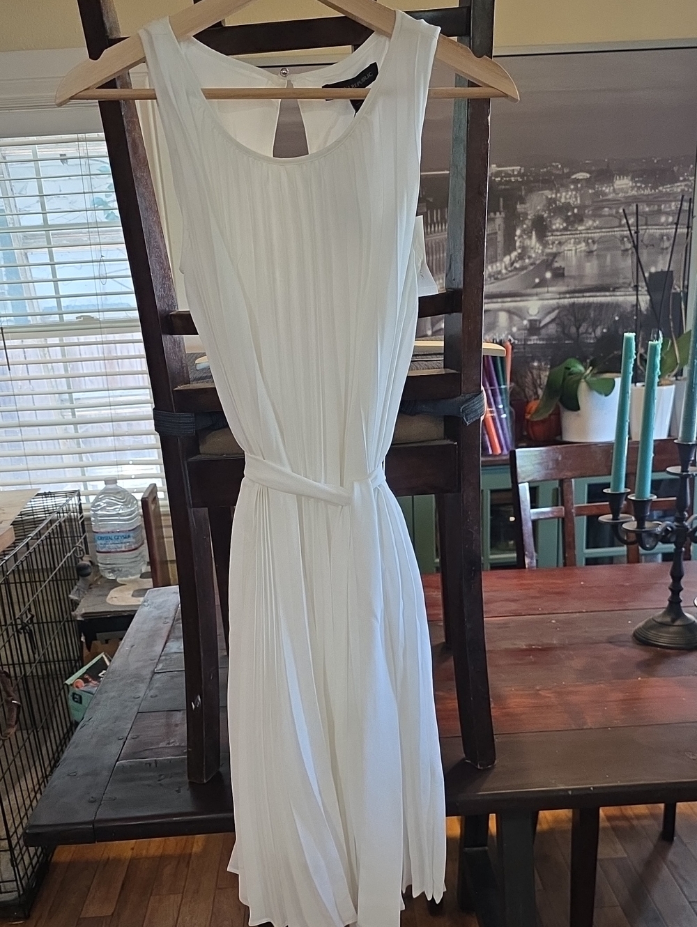 Banana Republic White Sleeveless Pleated Midi Dress with Waist Tie